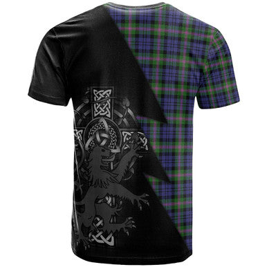 Scottish Baird Clan Crest Tartan T-Shirt - Lion Rampant Celtic Cross Flash Style Back Side Tartan Plaid