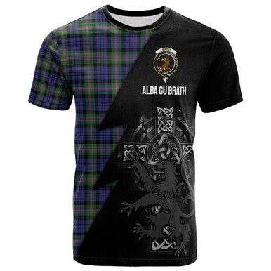 Scottish Baird Clan Crest Tartan T-Shirt - Lion Rampant Celtic Cross Flash Style Front Side Tartan Plaid