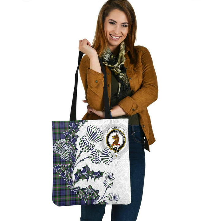 Scottish Baird Clan Crest Tartan Tote Bag - Thistle Flowers Style Tartan Plaid 2