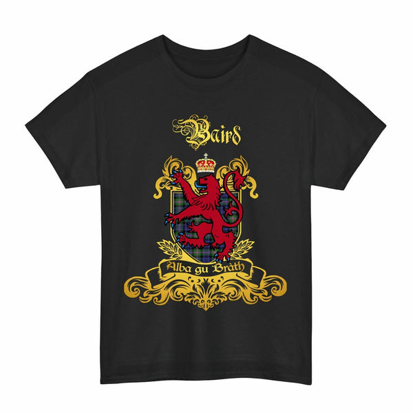 Scottish Baird Clan Tartan Lion Rampant of Scotland T-Shirt Tartan Plaid Black Color