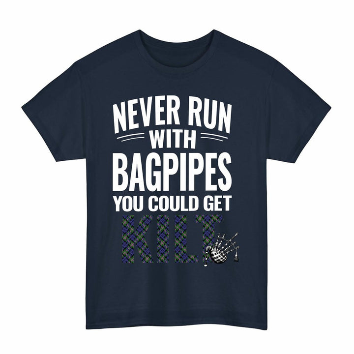 Scottish Baird Modern Clan Tartan Never Run With Bagpipes T-Shirt Tartan Plaid Navy Color
