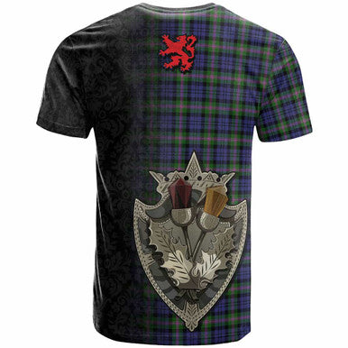 Scottish Baird Modern Clan Tartan T-Shirt - Half Thistle Flowers Celtic Design Back Side Tartan Plaid