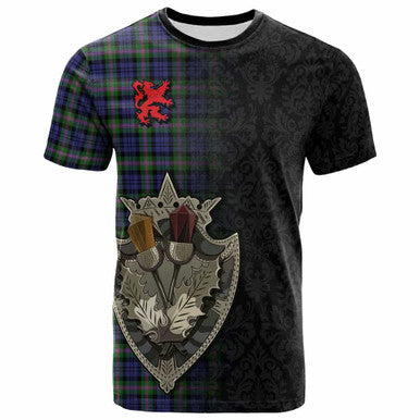 Scottish Baird Modern Clan Tartan T-Shirt - Half Thistle Flowers Celtic Design Front Side Tartan Plaid