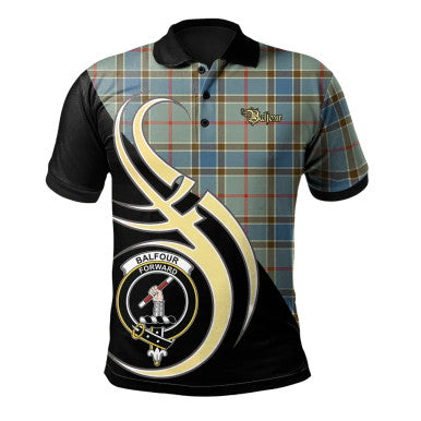 Scottish Balfour Blue Clan Crest Tartan Polo Shirt Believe in Me Front Side Tartan Plaid