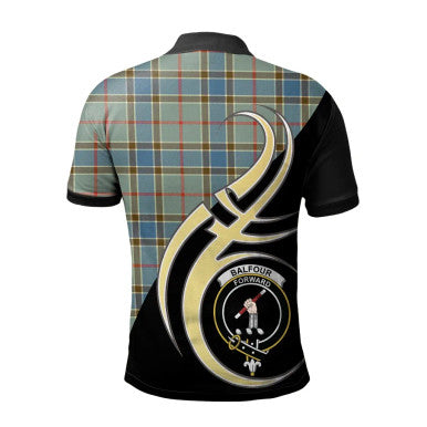 Scottish Balfour Blue Clan Crest Tartan Polo Shirt Believe in Me Back Side Tartan Plaid