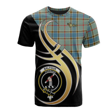 Scottish Balfour Blue Clan Crest Tartan T-Shirt Believe in Me Front Side Tartan Plaid