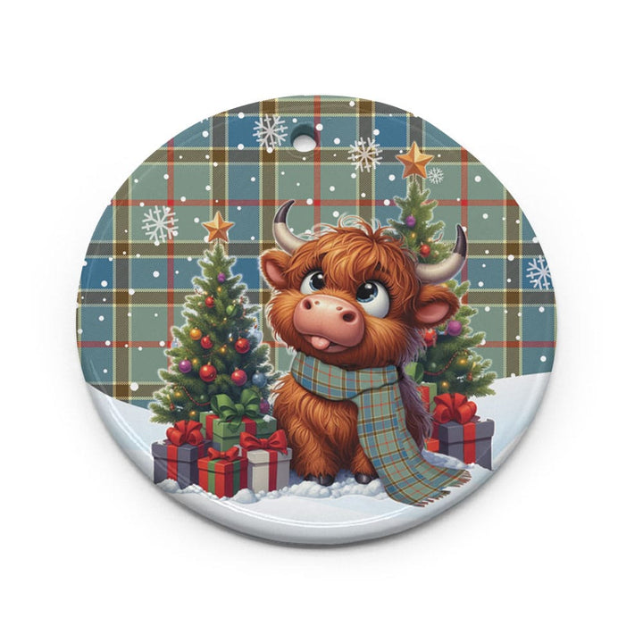 Scottish Balfour Blue Clan Tartan Ceramic Ornament Cute Highland Cow Christmas Circle Style Tartan Plaid