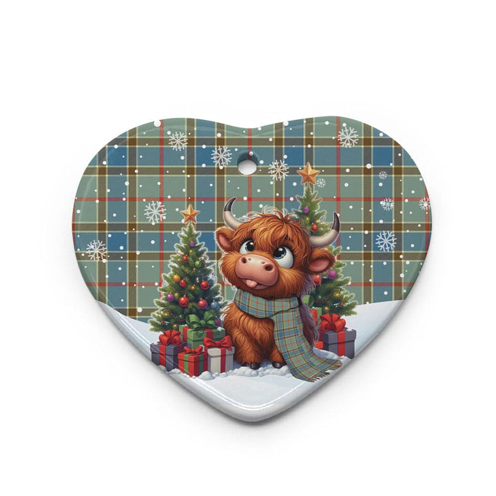 Scottish Balfour Blue Clan Tartan Ceramic Ornament Cute Highland Cow Christmas Heart Style Tartan Plaid
