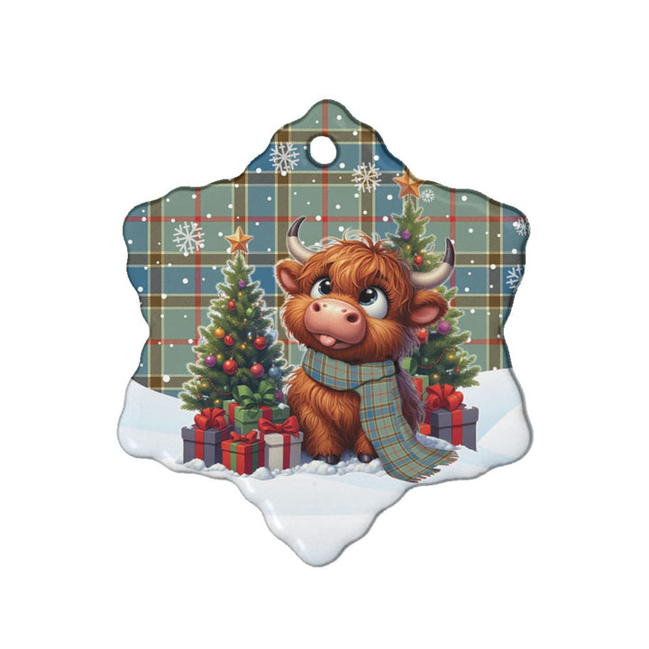 Scottish Balfour Blue Clan Tartan Ceramic Ornament Cute Highland Cow Christmas Snow Flake Style Tartan Plaid