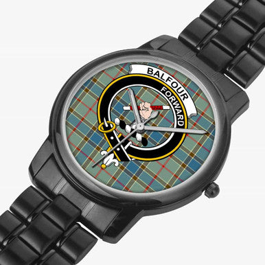 Scottish Balfour Clan Crest Tartan Folding Clasp Steel Quartz Watches Tartan Plaid Black 2