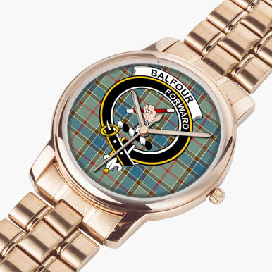 Scottish Balfour Clan Crest Tartan Folding Clasp Steel Quartz Watches Tartan Plaid Rose Gold 2