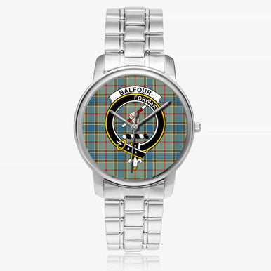 Scottish Balfour Clan Crest Tartan Folding Clasp Steel Quartz Watches Tartan Plaid Silver 1