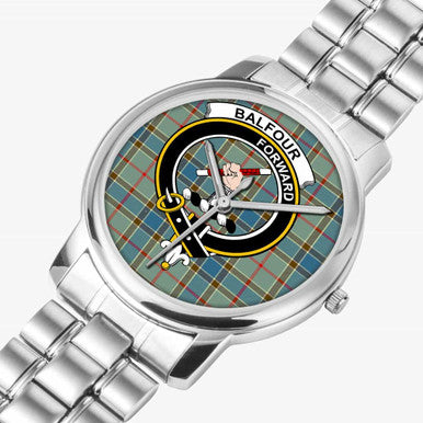 Scottish Balfour Clan Crest Tartan Folding Clasp Steel Quartz Watches Tartan Plaid Silver 2