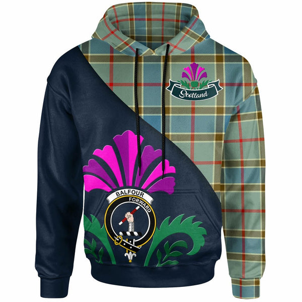 Scottish Balfour Clan Crest Tartan Hoodie - Scotland Thistle Style Front Side Tartan Plaid