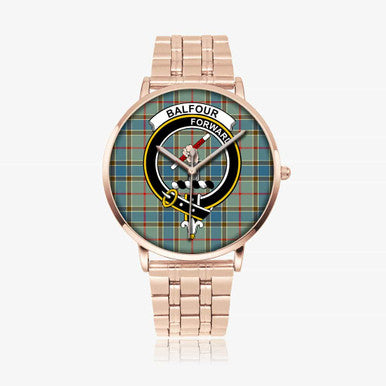 Scottish Balfour Clan Crest Tartan Instafamous Steel Quartz Watches Tartan Plaid Rose Gold 1