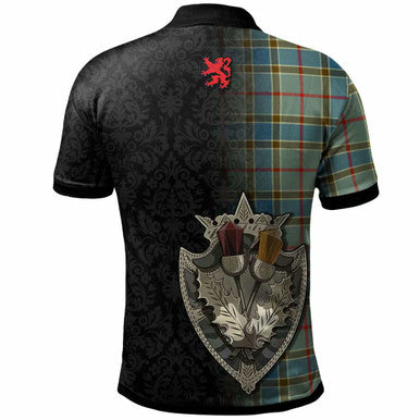 Scottish Balfour Clan Crest Tartan Polo Shirt - Half Thistle Flowers Celtic Design Back Side Tartan Plaid