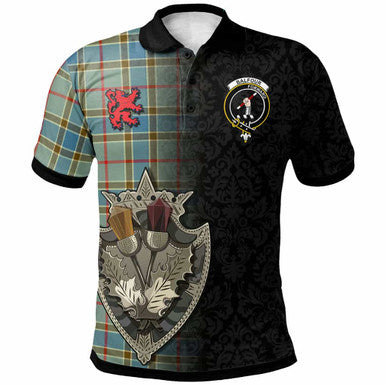 Scottish Balfour Clan Crest Tartan Polo Shirt - Half Thistle Flowers Celtic Design Front Side Tartan Plaid