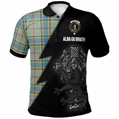 Scottish Balfour Clan Crest Tartan Polo Shirt - Lion Rampant Celtic Cross Flash Style Front Side Tartan Plaid
