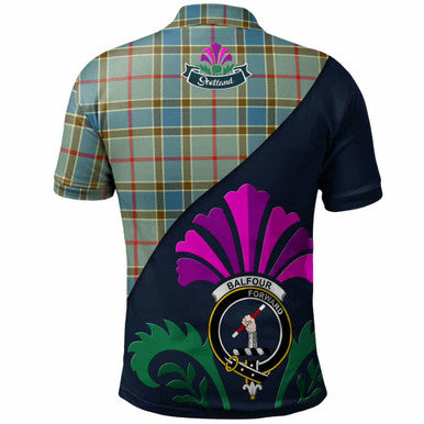 Scottish Balfour Clan Crest Tartan Polo Shirt - Scotland Thistle Style Back Side Tartan Plaid