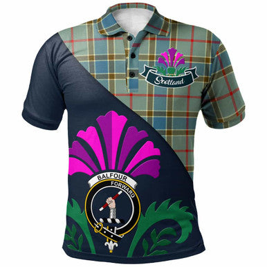 Scottish Balfour Clan Crest Tartan Polo Shirt - Scotland Thistle Style Front Side Tartan Plaid