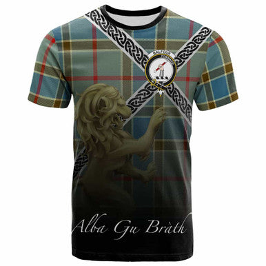 Scottish Balfour Clan Crest Tartan T-Shirt - Celtic With Scotland Lion Front Side Tartan Plaid