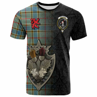 Scottish Balfour Clan Crest Tartan T-Shirt - Half Thistle Flowers Celtic Design Front Side Tartan Plaid