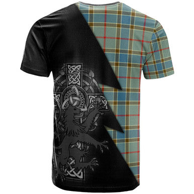 Scottish Balfour Clan Crest Tartan T-Shirt - Lion Rampant Celtic Cross Flash Style Back Side Tartan Plaid