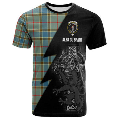 Scottish Balfour Clan Crest Tartan T-Shirt - Lion Rampant Celtic Cross Flash Style Front Side Tartan Plaid