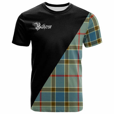 Scottish Balfour Clan Crest Tartan T-Shirt - Military Logo Front Side Tartan Plaid