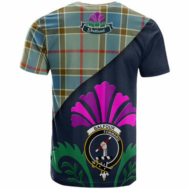 Scottish Balfour Clan Crest Tartan T-Shirt - Scotland Thistle Style Back Side Tartan Plaid