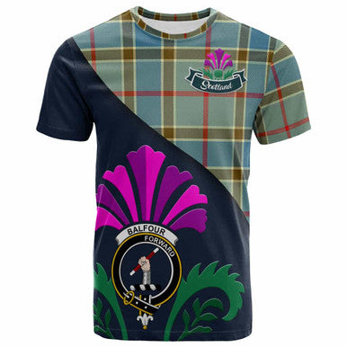 Scottish Balfour Clan Crest Tartan T-Shirt - Scotland Thistle Style Front Side Tartan Plaid