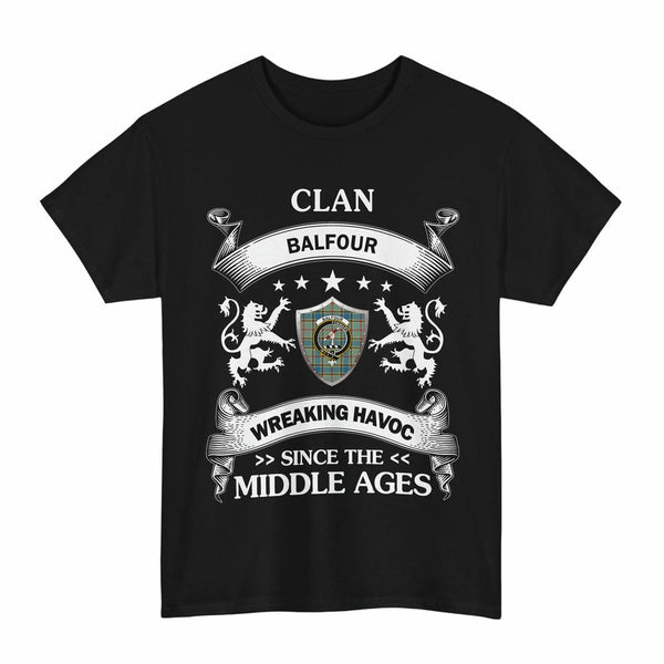 Scottish Balfour Clan Crest Tartan T-Shirt Wreaking Havoc Design Tartan Plaid Black Color