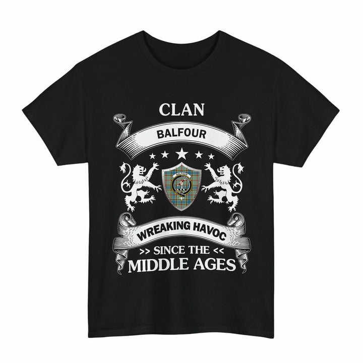 Scottish Balfour Clan Crest Tartan T-Shirt Wreaking Havoc Design Tartan Plaid Black Color