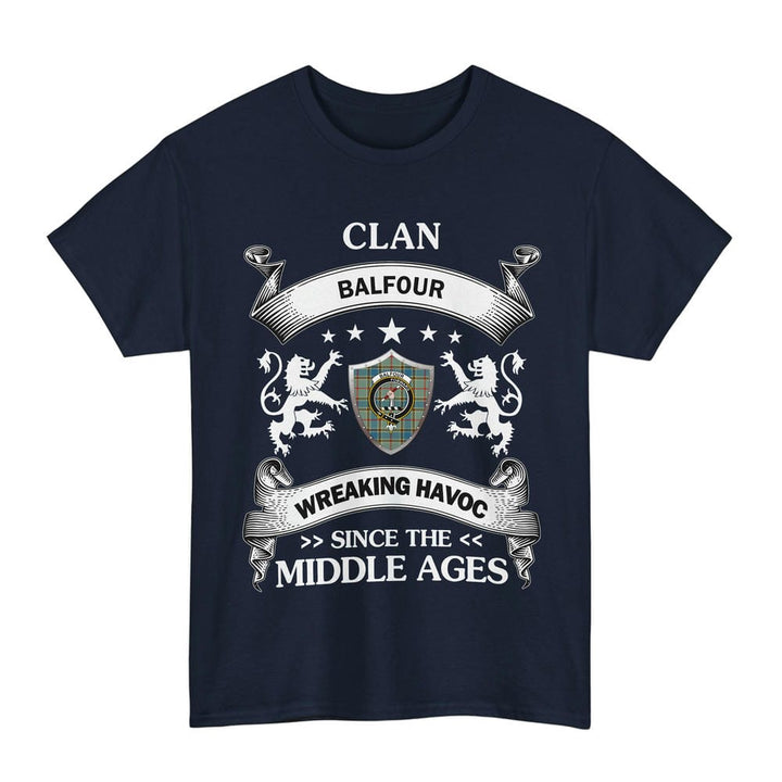 Scottish Balfour Clan Crest Tartan T-Shirt Wreaking Havoc Design Tartan Plaid Navy Color