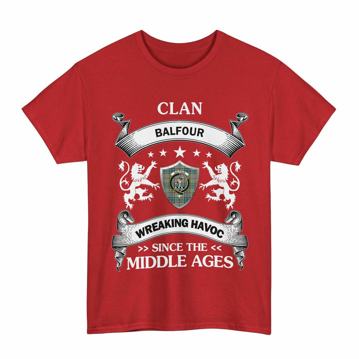 Scottish Balfour Clan Crest Tartan T-Shirt Wreaking Havoc Design Tartan Plaid Red Color