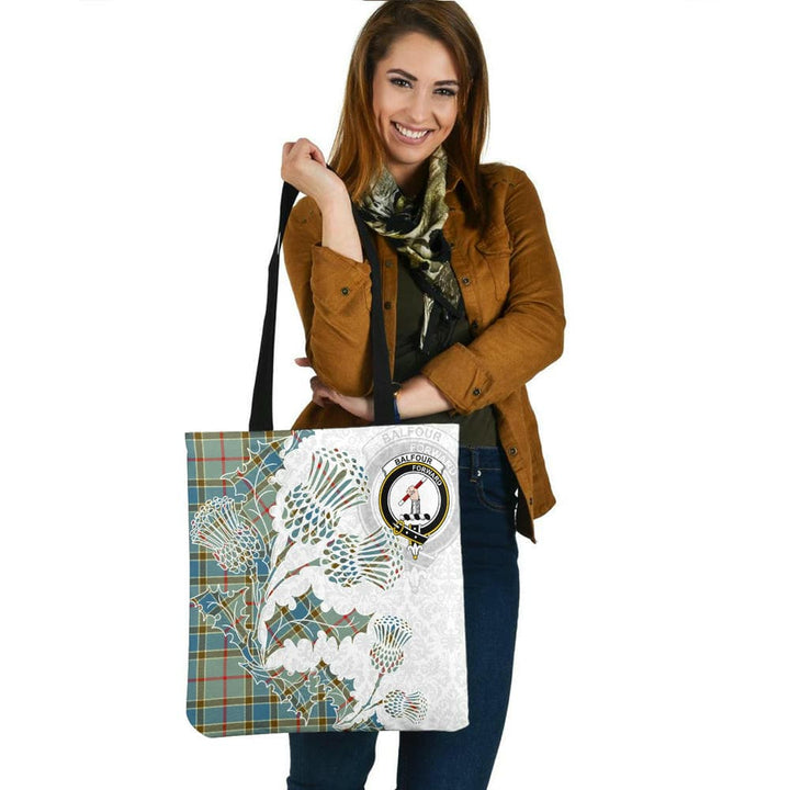 Scottish Balfour Clan Crest Tartan Tote Bag - Thistle Flowers Style Tartan Plaid 2