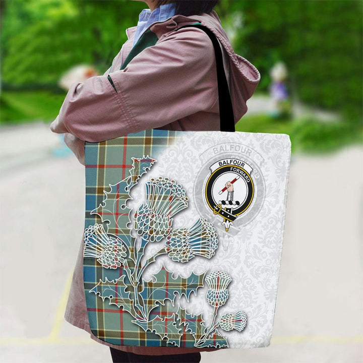 Scottish Balfour Clan Tartan Canvas Bag With Shoulder Straps - Thistle Flowers Style Tartan Plaid 2