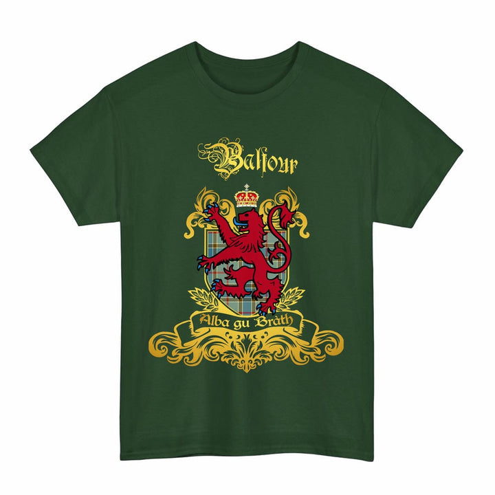 Scottish Balfour Clan Tartan Lion Rampant of Scotland T-Shirt Tartan Plaid Forest Green Color