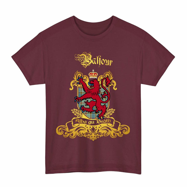 Scottish Balfour Clan Tartan Lion Rampant of Scotland T-Shirt Tartan Plaid Maroon Color