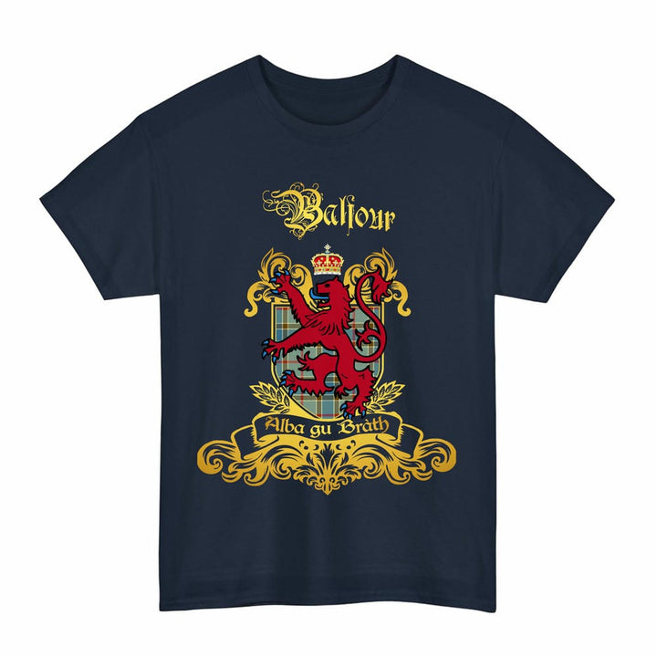 Scottish Balfour Clan Tartan Lion Rampant of Scotland T-Shirt Tartan Plaid Navy Color