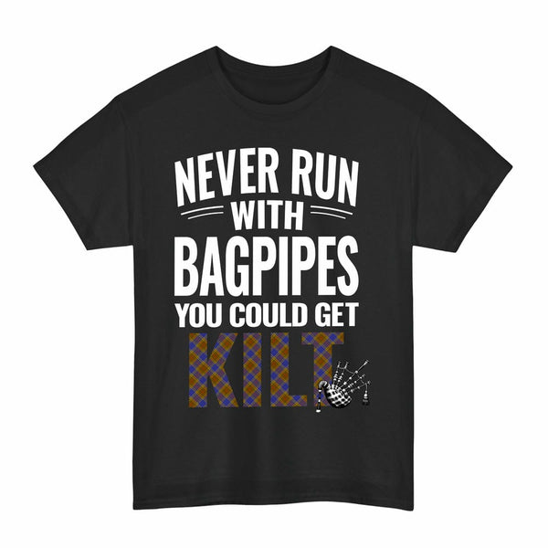 Scottish Balfour Modern Clan Tartan Never Run With Bagpipes T-Shirt Tartan Plaid Black Color