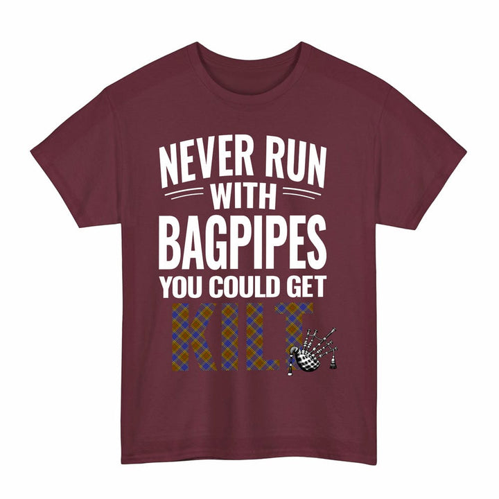 Scottish Balfour Modern Clan Tartan Never Run With Bagpipes T-Shirt Tartan Plaid Maroon Color