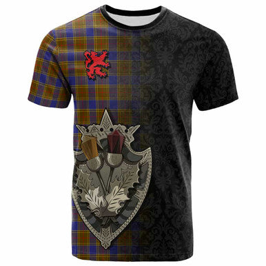 Scottish Balfour Modern Clan Tartan T-Shirt - Half Thistle Flowers Celtic Design Front Side Tartan Plaid