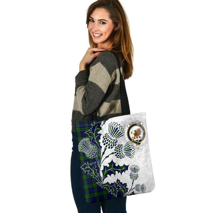Scottish Bannatyne Clan Crest Tartan Tote Bag - Thistle Flowers Style Tartan Plaid 3