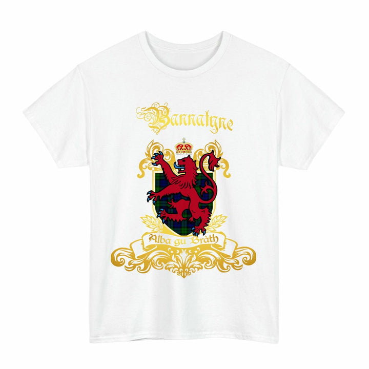 Scottish Bannatyne Clan Tartan Lion Rampant of Scotland T-Shirt Tartan Plaid White Color