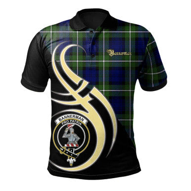 Scottish Bannerman Clan Crest Tartan Polo Shirt Believe in Me Front Side Tartan Plaid