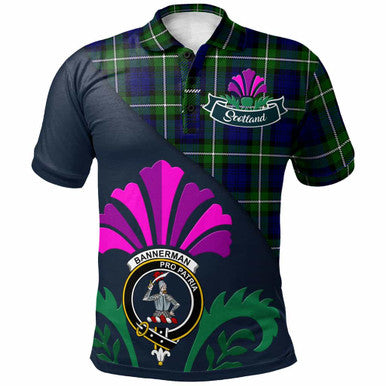 Scottish Bannerman Clan Crest Tartan Polo Shirt - Scotland Thistle Style Front Side Tartan Plaid