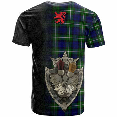 Scottish Bannerman Clan Crest Tartan T-Shirt - Half Thistle Flowers Celtic Design Back Side Tartan Plaid