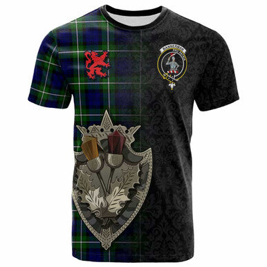 Scottish Bannerman Clan Crest Tartan T-Shirt - Half Thistle Flowers Celtic Design Front Side Tartan Plaid