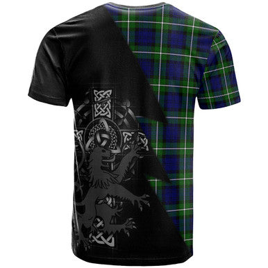 Scottish Bannerman Clan Crest Tartan T-Shirt - Lion Rampant Celtic Cross Flash Style Back Side Tartan Plaid
